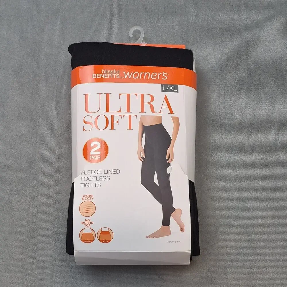 Warner's Women's Black Ultra Soft Fleece Lined Footless Tights 2-Pair Size L/XL